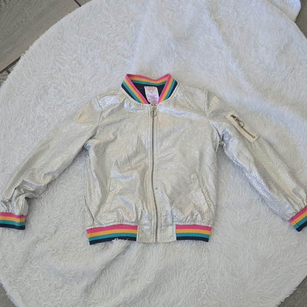 365 Kids Garanimals Girls Silver Metallic Rainbow Bomber Jacket Size 7